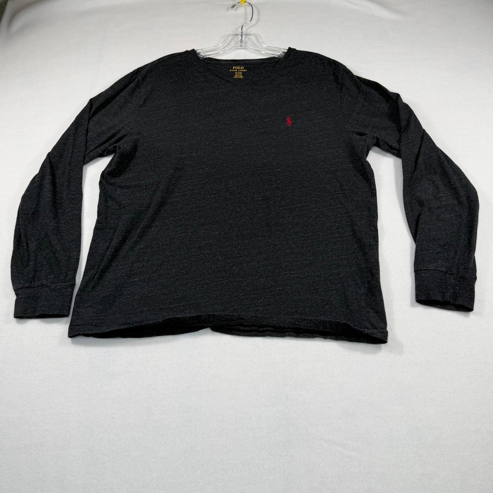 Polo Ralph Lauren Mens V-Neck Long Sleeve T-Shirt Charcoal Gray Red Pony Large